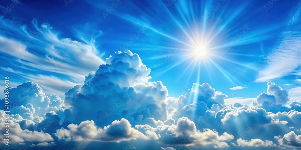 Canvas Prints vibrant azure sky filled with billowing cumulus clouds and sunlight streaming through creating a hea