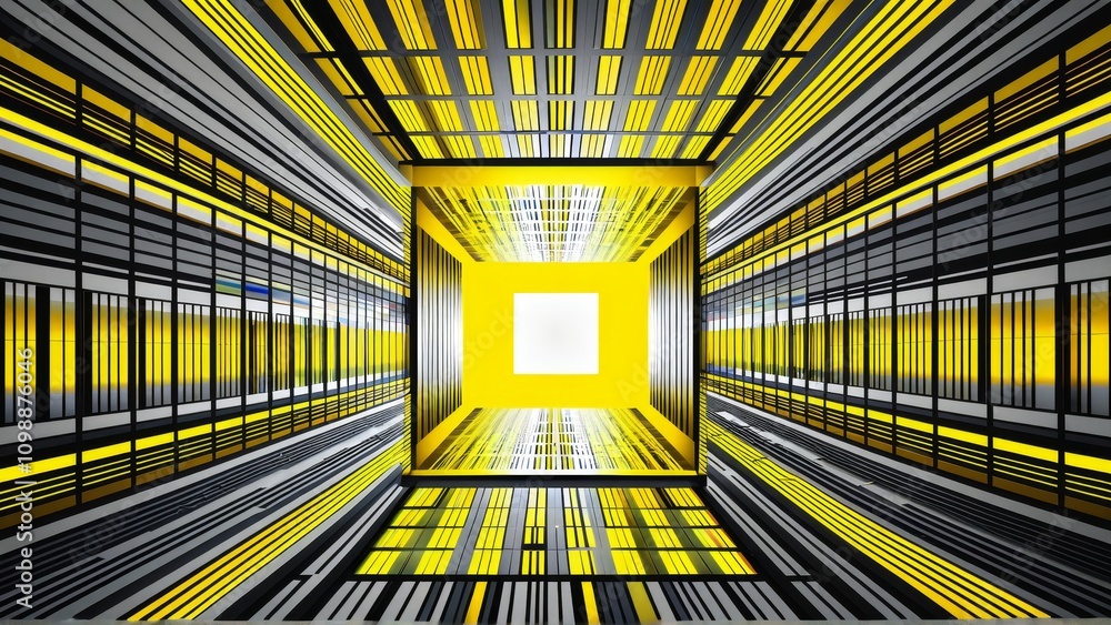 Poster futuristic yellow geometric abstract with symmetrical patterns and intense perspective