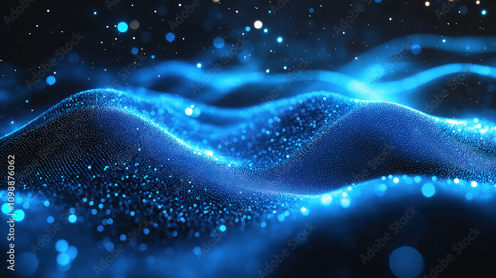 Poster futuristic dark blue background with glowing particles transforming into digital grids and lines