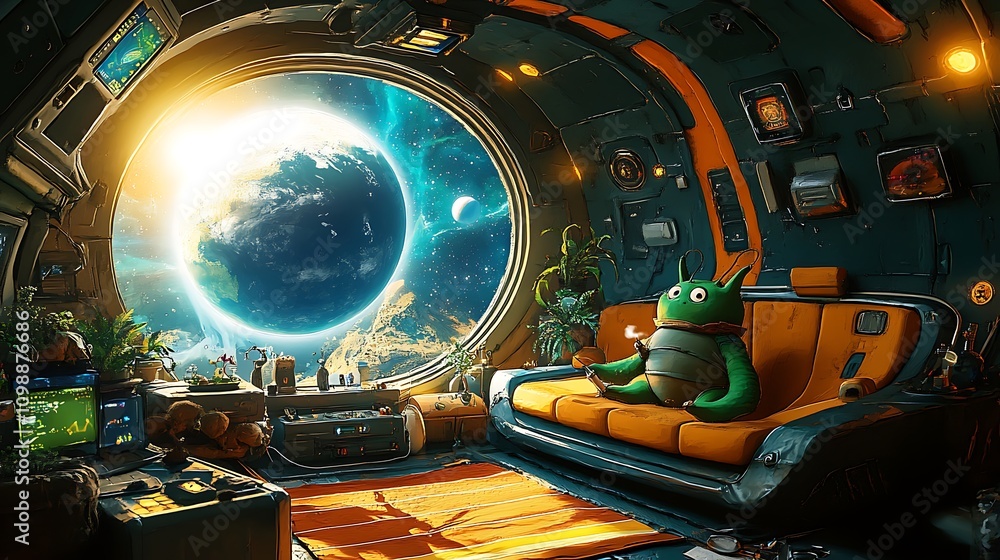 Aufkleber alien relaxing in spaceship with planet view