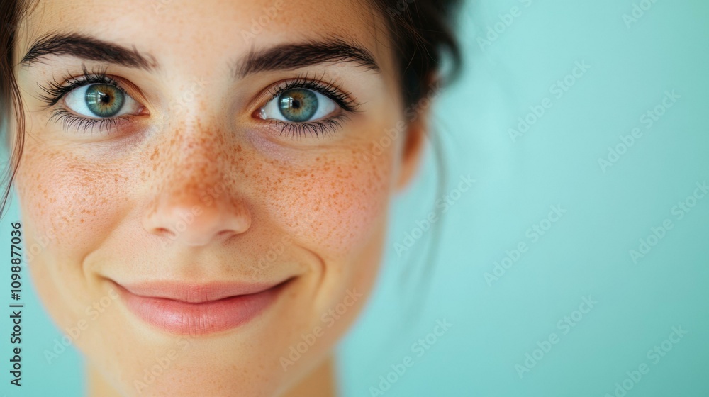 Poster a close-up of a smiling face with freckles. ai.