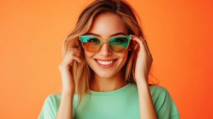 Naklejka premium Happy woman wearing sunglasses. AI.