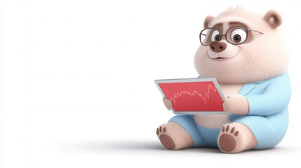 Obraz premium Cute business bear analyzing market trends on tablet in blue suit