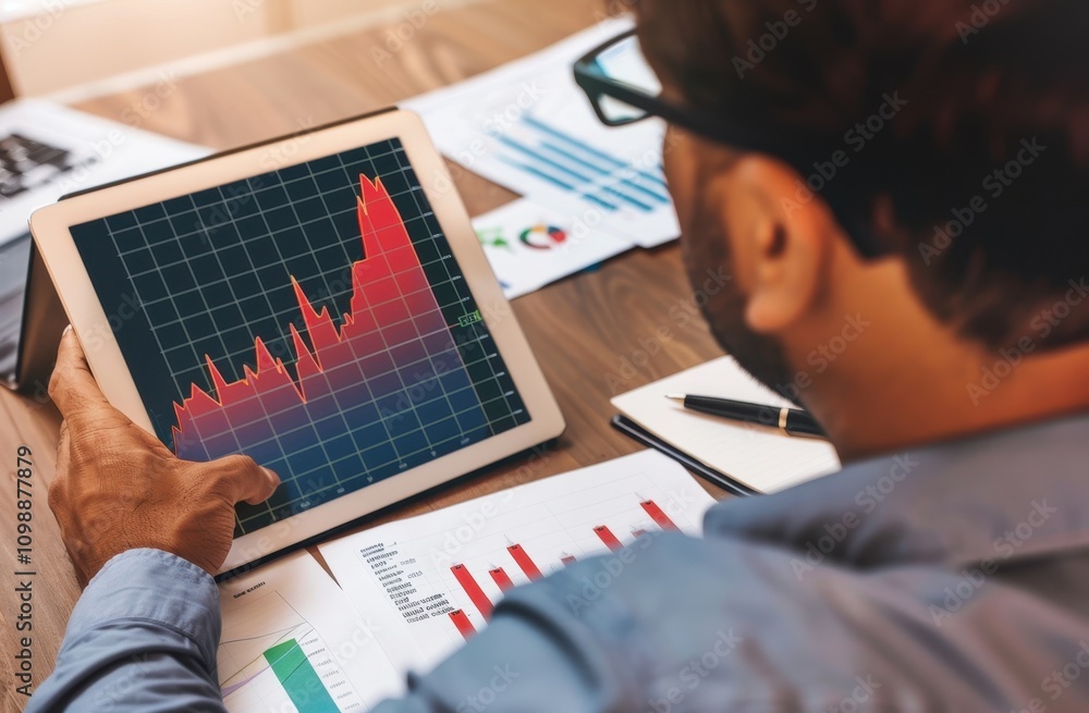 Poster Man Reviewing Financial Data On Tablet Device