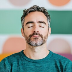 Fototapeta premium A serene man with closed eyes, wearing a teal sweater, embodies relaxation against a colorful, patterned background.