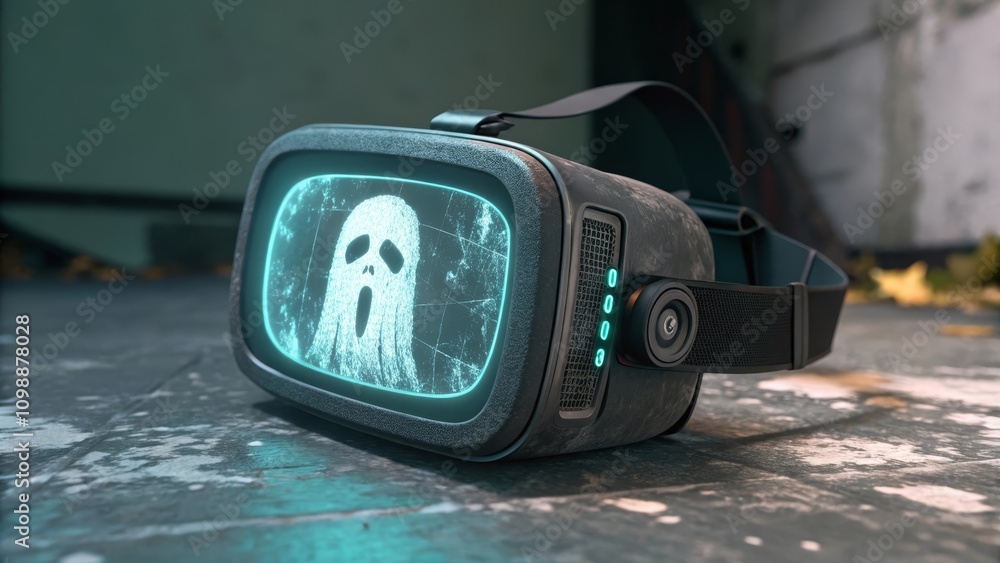 Poster futuristic virtual reality headset with spooky ghost display in urban setting