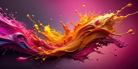 Vibrant abstract art with dynamic splash of pink, yellow, and orange paint on magenta background, abstract, vibrant, art, dynamic