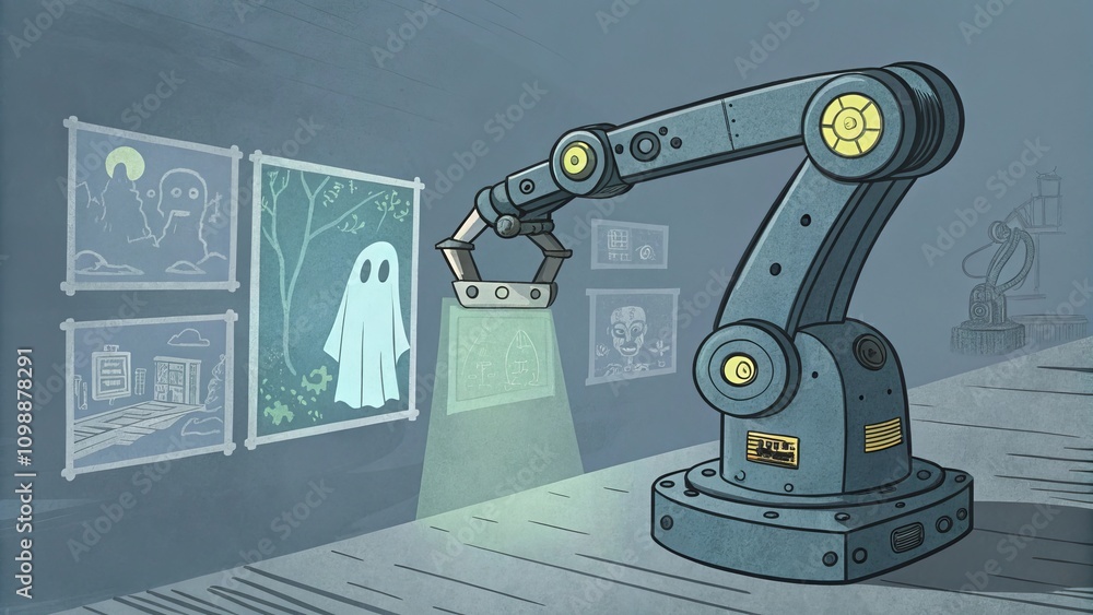 Poster robotic arm interacts with ghostly art in futuristic gallery setting