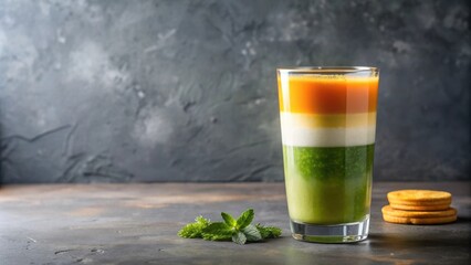 Fototapeta premium Layered matcha and orange juice in glass, matcha, green tea, beverage, drink, orange juice, glass