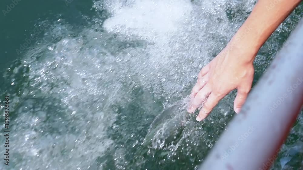Poster a hand gently trails through the refreshing water from a moving boat, creating mesmerizing ripples. 