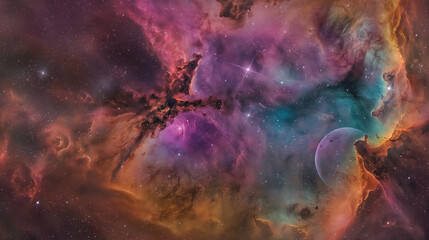 4K Cosmic Landscape with Vibrant Colors & Hyper-Realistic Details. Depth and dimension. Background, planets, nebula, stars, meteors