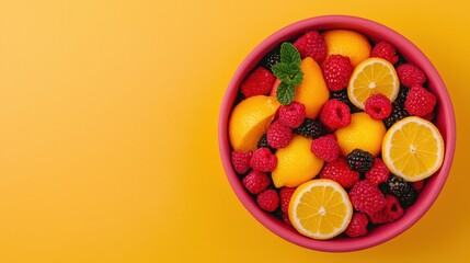 Vibrant bowl of fresh citrus and berries on bright yellow background