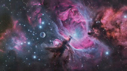 4K Cosmic Landscape with Vibrant Colors & Hyper-Realistic Details. Depth and dimension. Background, planets, nebula, stars, meteors