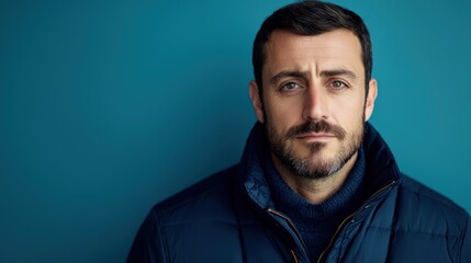 Fototapeta premium A portrait of a man with a serious expression, wearing a dark jacket against a teal background.