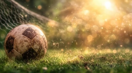 Fototapeta premium Vintage soccer ball in sunlit field with bokeh effect capturing nostalgic sports vibes