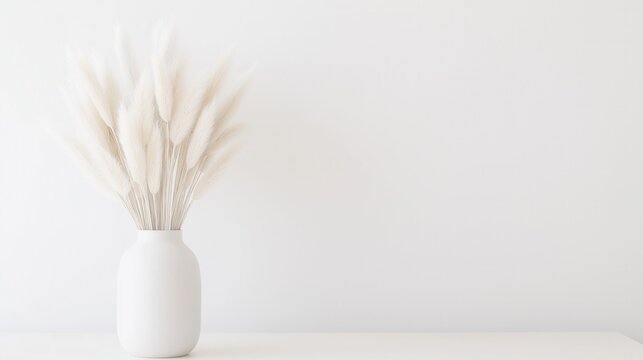 Minimalist white vase with pampas grass on a clean white background