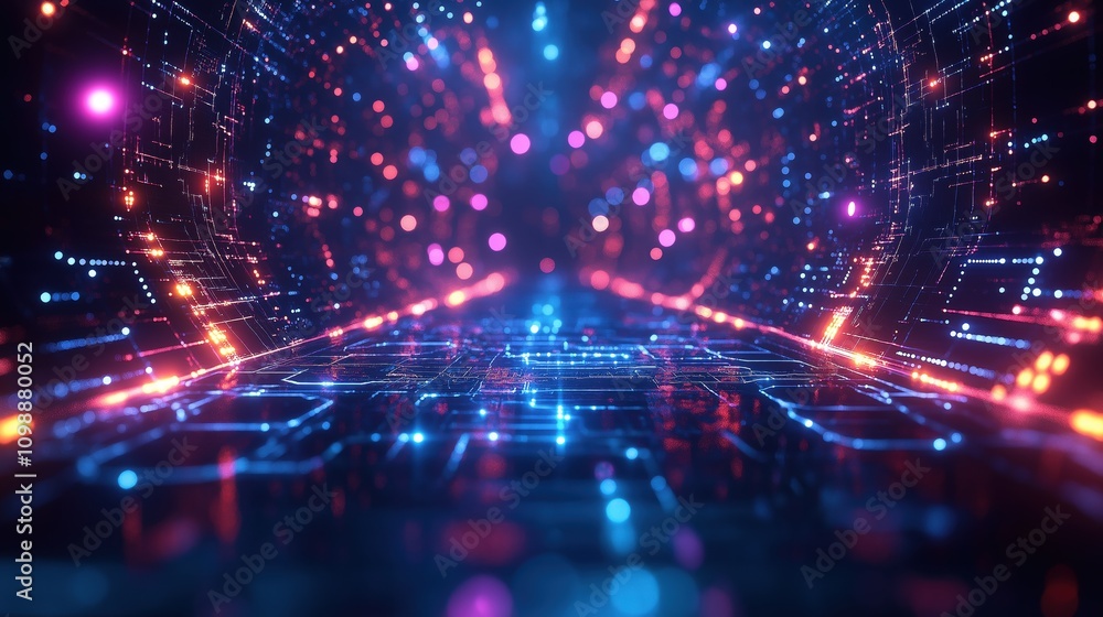 Poster futuristic neon tunnel with digital lights and abstract technology patterns