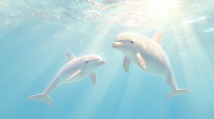 Obraz premium Playful dolphins soaring through sunlit ocean waters in majestic harmony