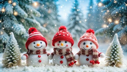 Snowy forest backdrop with adorable snowmen in red knit hats and scarves, twinkling snowflakes