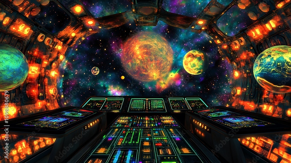 Poster spaceship cockpit view of colorful nebula and planets
