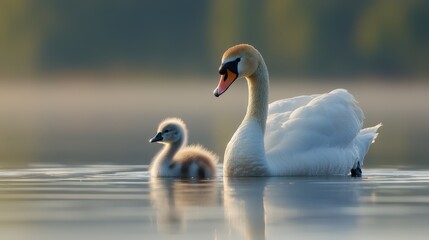 Obraz premium Majestic swan and fluffy cygnets gracefully floating on serene lake at dawn