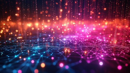 Obraz premium Vibrant abstract network with glowing fiber optics and colorful bokeh lights