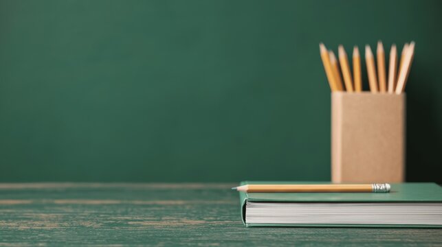 Pencils and book on wooden desk against green chalkboard background