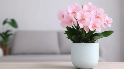Fototapeta premium Elegant pink orchids in white pot on minimalist table with cozy sofa background