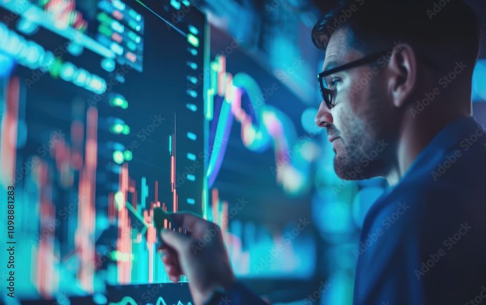 Poster Man Analyzing Financial Data on Large Screens