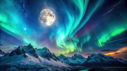 Fototapeta premium Low angle view of moon and clouds over mountains with aurora borealis in the sky, landscape, night, moon, clouds