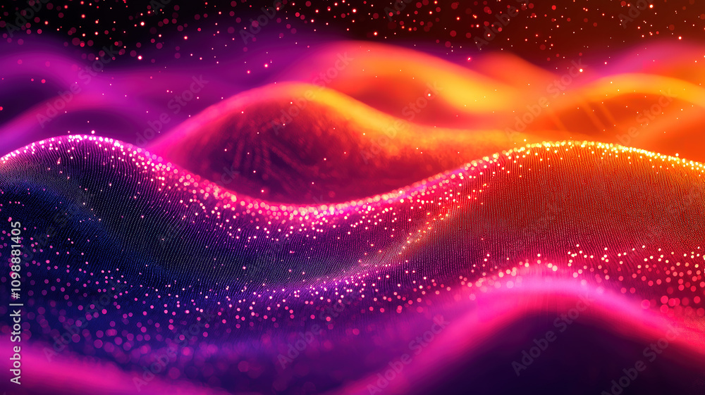 Poster a dynamic wave of dots forming an abstract technology stream with network structure