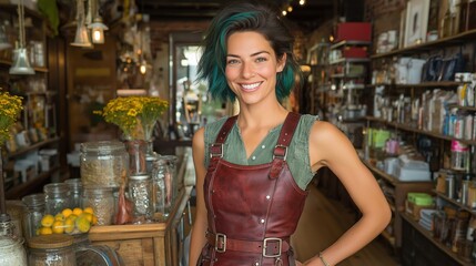 Fototapeta premium Smiling woman with green hair in artisan shop wearing leather apron