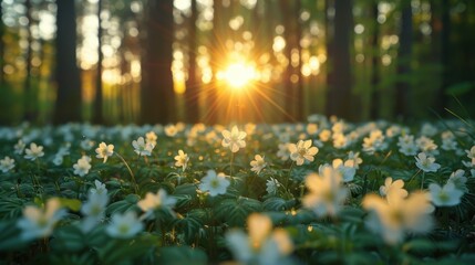 Obraz premium White Flowers Bloom in Sunlit Forest