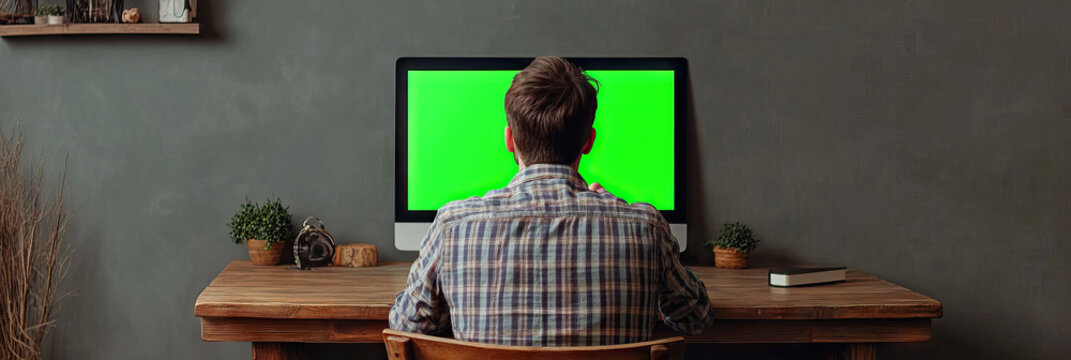 Caucasian man sitting at wooden desk, using laptop with green screen