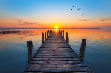 Obraz premium Wooden Pier Extending Into Calm Lake Sunrise