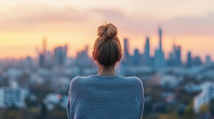 Fototapeta premium A woman gazes at a sunset over a city skyline, creating a serene and contemplative atmosphere.