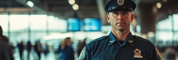 A Caucasian man in uniform, badge gleaming, stands at attention in a busy airport terminal.