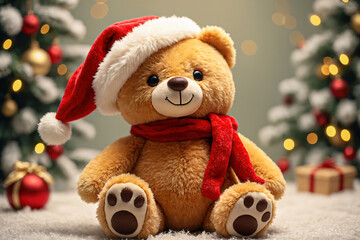 Festive Teddy Bear in Santa Hat with Christmas Background