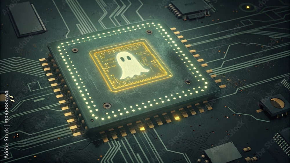 Poster cybersecurity threat: illuminated ghost symbol on a computer chip circuit board