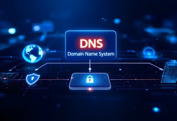 DNS - Domain Name System and Website Concept. DNS interface showcasing icons for internet...