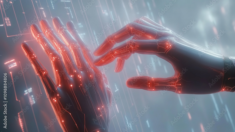 Aufkleber futuristic machine learning with robot and human hands on a big data network connection background