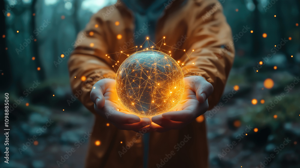 Poster hands holding a global network representing data connections with nature as a sustainable backdrop