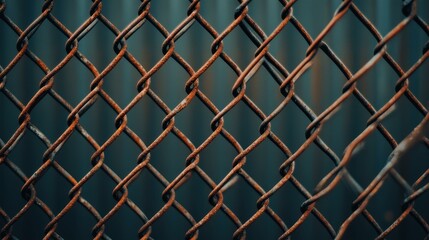 Fototapeta premium A closeup of a rusty metal chain link fence, showcasing intricate textures and patterns against a blurred backdrop.