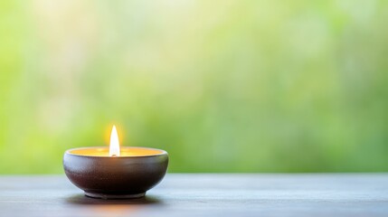 A warm glow from a lit candle shines softly on the table, creating a soothing atmosphere in the blurred backdrop.