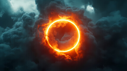 Fototapeta premium 3d render, colorful neon ring glowing inside the stormy cloud on the dark sky, abstract background. Neon. Illustration
