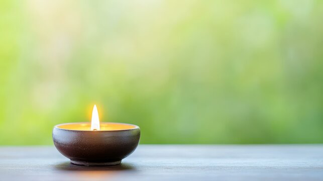 A warm glow from a lit candle shines softly on the table, creating a soothing atmosphere in the blurred backdrop.