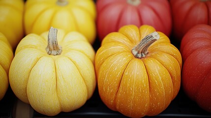 Colorful pumpkins in various shades, including yellow and orange, arranged neatly, showcasing autumn's bounty.