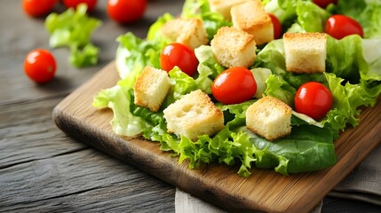 Fresh salad with croutons and cherry tomatoes.