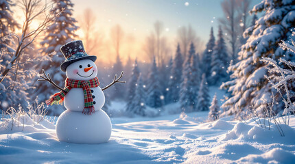 Obraz premium Classic snowman with a top hat and scarf in a snowy forest at sunset, creating a festive and serene winter scene. Perfect for Christmas cards, holiday decorations, or nature-themed projects