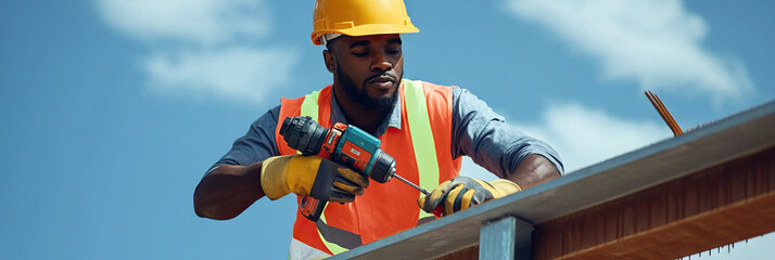 Male African American construction worker in a hard hat and reflective vest, using a power drill on a steel beam at a construction site.
